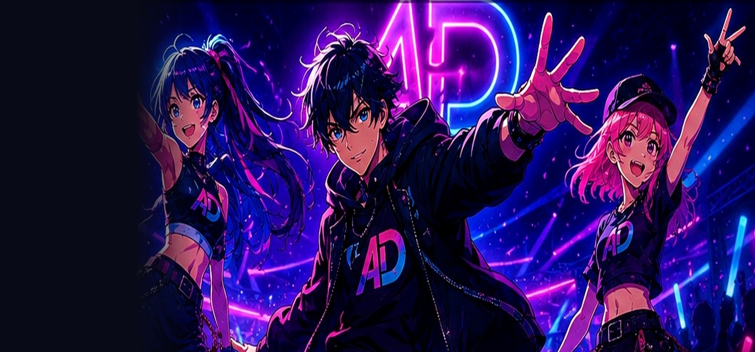 Three original AnimeDance characters together under neon concert lights
