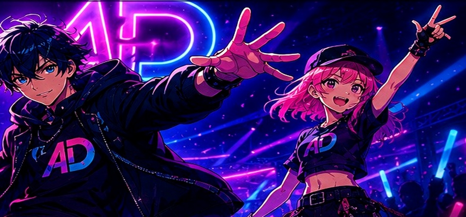 Anime-inspired dancer making a heart shape under pink concert lights