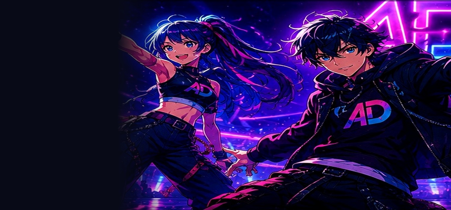 Anime-inspired dancer performing under neon lights