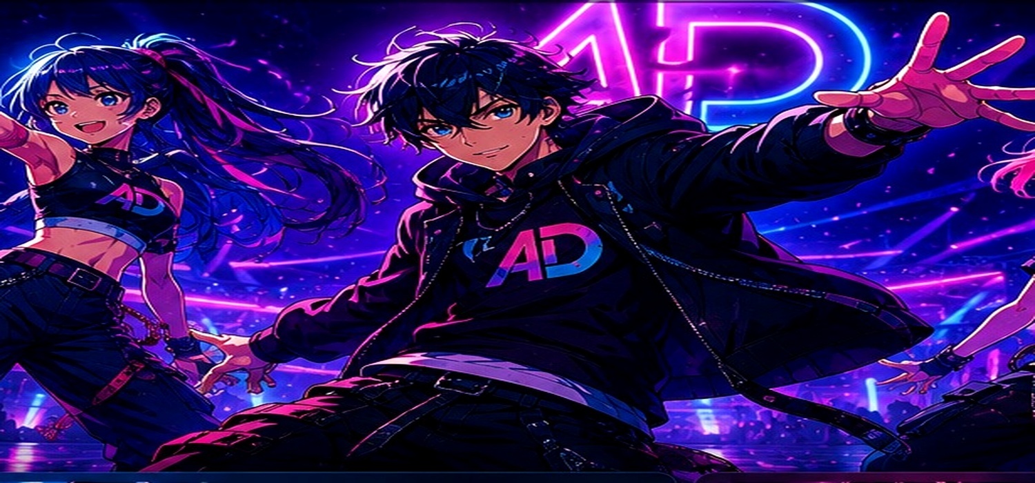 Anime-inspired dancer reaching toward the camera in a neon venue